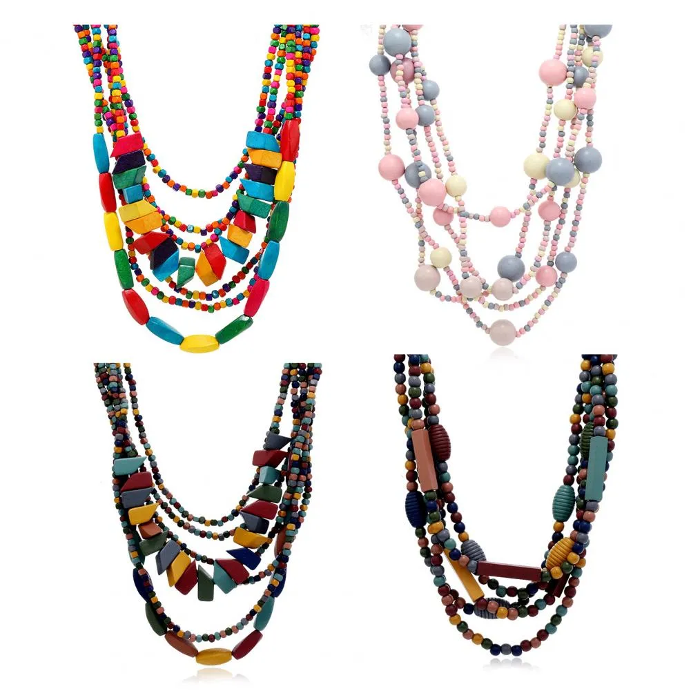 Catene Collana unica Accessorio Festa Perline colorate Perline di legno multicolore Strati per vestirsi_voghion.com