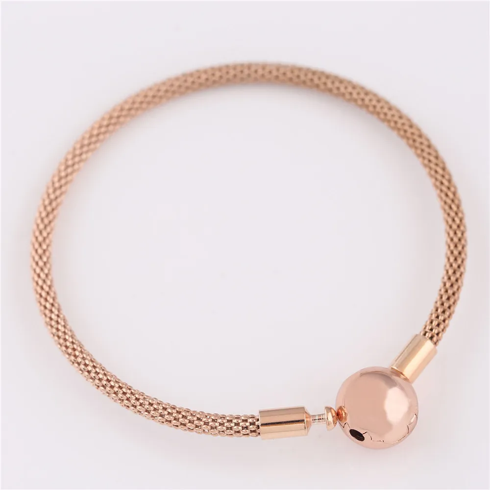 Bracciale originale Sterling Sier in oro rosa con catena a serpente, chiusura a sfera di base, bracciale a maglie, adatto per donne, gioielli di moda con ciondolo a perline_voghion.com