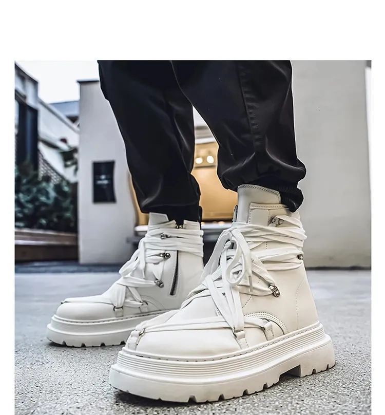 Bottines courtes en cuir à plateforme pour homme, chaussures de moto noires à la mode, style streetwear, 250114_voghion.com