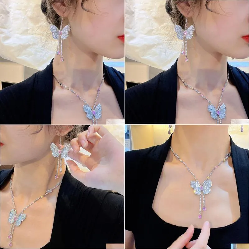 Set di gioielli da sposa con farfalla, diamanti da laboratorio, orecchini in argento sterling, collana girocollo per donna, pietre preziose da sposa_voghion.com