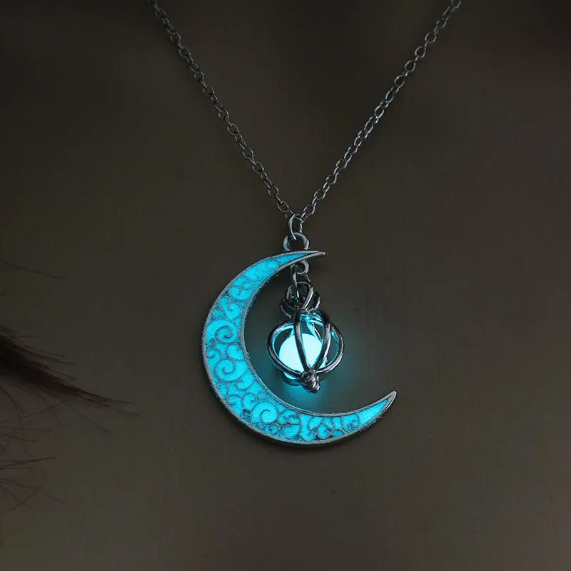Luminous Moon Pendant Necklace Silver Plated Glow In The Dark_voghion.com