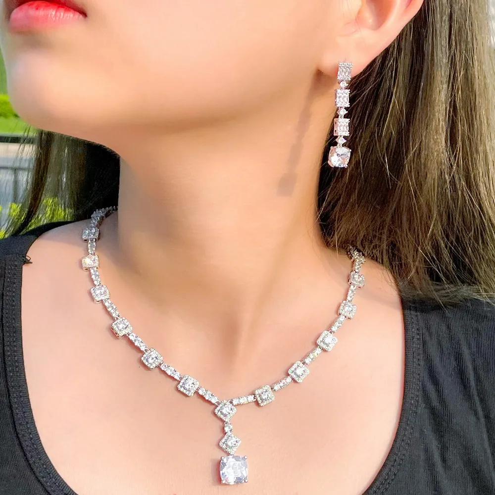 ThreeGraces Elegant Gul CZ Krystal Sier Farve Store Firkantede Dråbeøreringe Halskæde Bryllupsfest Smykkesæt til Kvinder_voghion.com