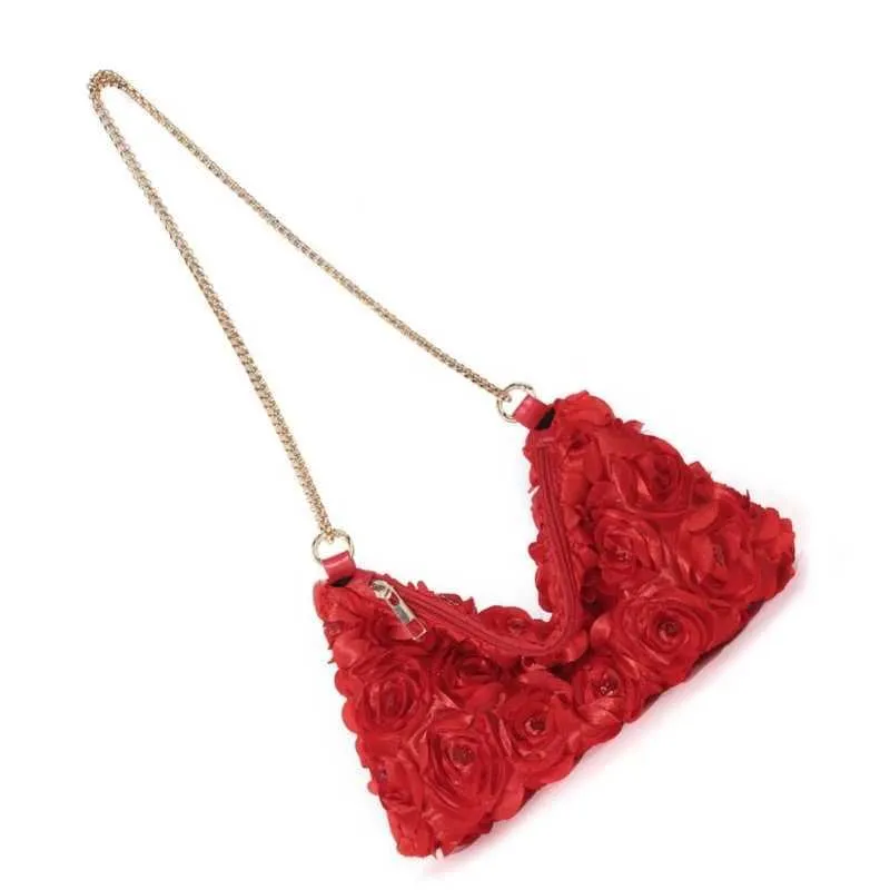 E74B 3D Rose ral Pochette de soirée pour femme en satin pailleté Sac à main bandoulière Sac à main avec chaîne pour fêtes de mariage_voghion.com