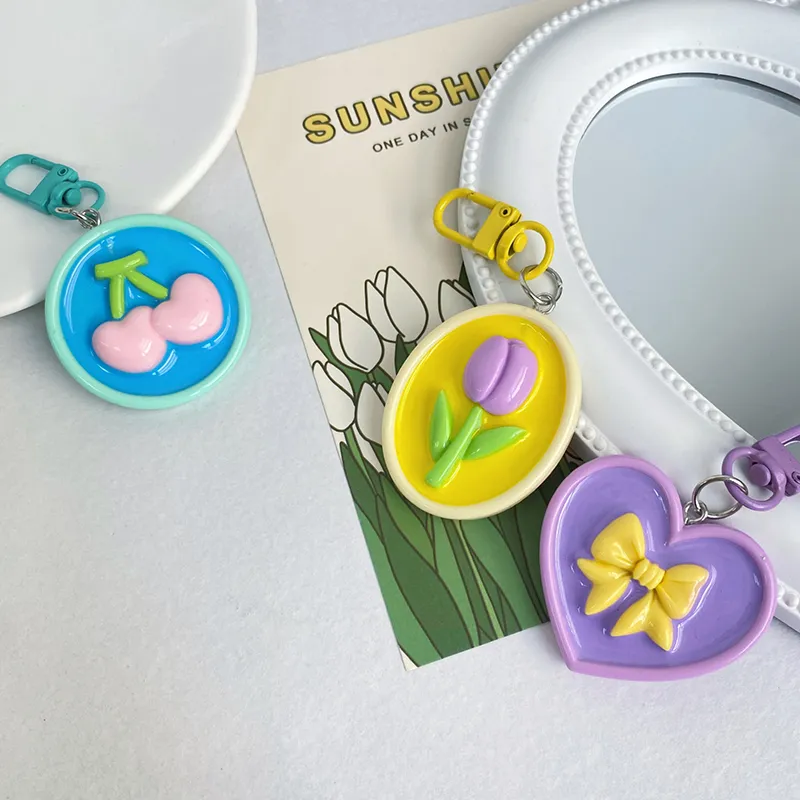 Portachiavi a forma di fiore dipinto a olio con motivo a tulipano, rosa, ciliegia e farfalla, con nodo, per auto, borsa, zaino, ciondoli, decorazioni_voghion.com
