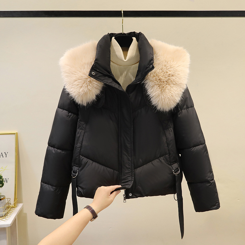 Ropa de mujer, nuevo estilo de invierno, abrigo de algodón grueso y suelto a la moda, abrigo de algodón con cuello de piel grande y elegante, abrigo de algodón pequeño y delgado para mujer
