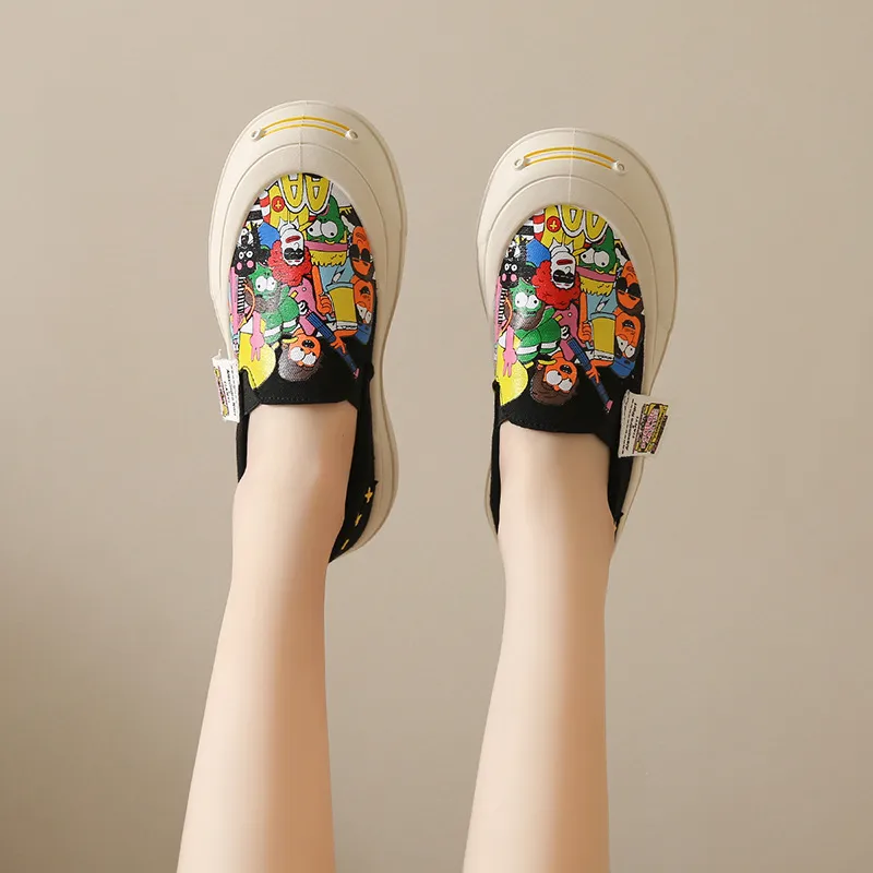 Thick Soled Shallow Mouthed Cartoon Printed Skateboard Shoes With Breathable And Comfortable Mesh Fabric For Casual Wear_voghion.com