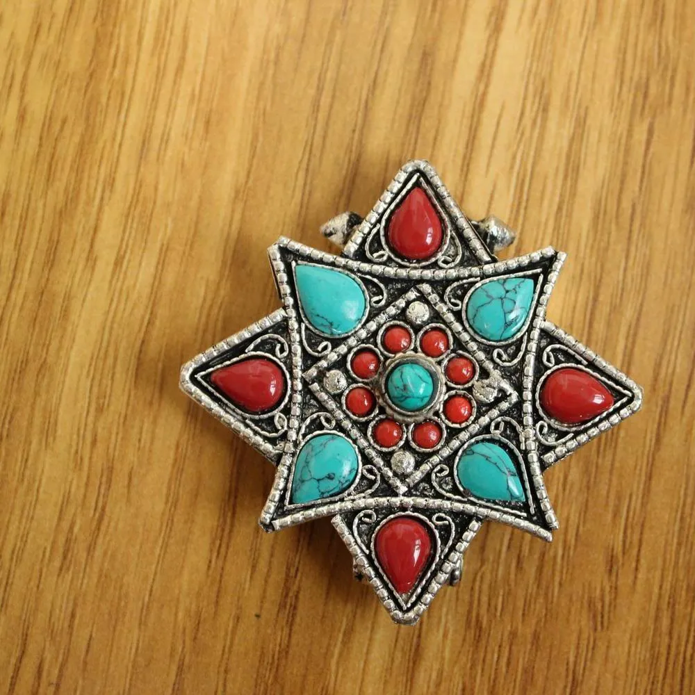 Collane con ciondolo PN009 Tibetano Argento Pietra colorata Anticato Stella Scatola di preghiera Collana Etnica Tibet Gau Amuleto Fatto a mano_voghion.com