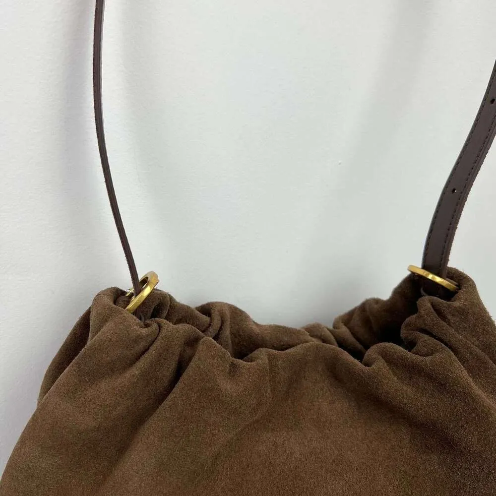 Borsa a tracolla da donna in pelle scamosciata opaca con 2 cinturini, in pelle di mucca scamosciata, stile coreano, con arricciature, color caffè kakhi_voghion.com