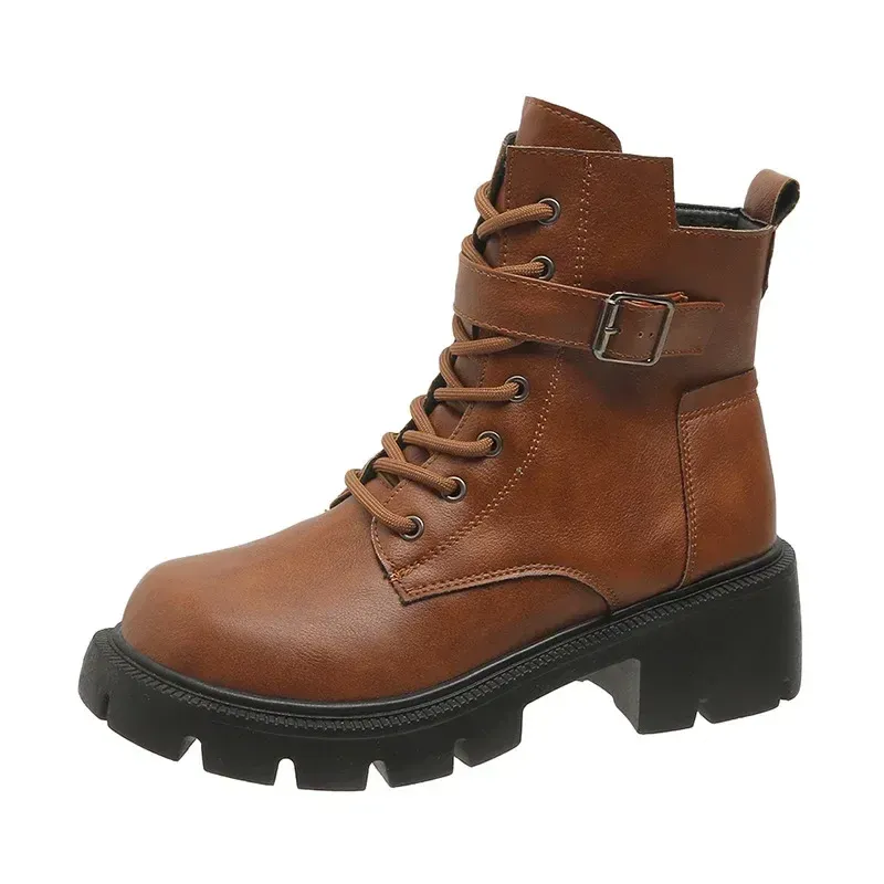 Botas cortas estilo británico para mujer, nuevas, de otoño/invierno, con cordones y cremallera, estilo motociclista, estilo retro, talla 43_voghion.com