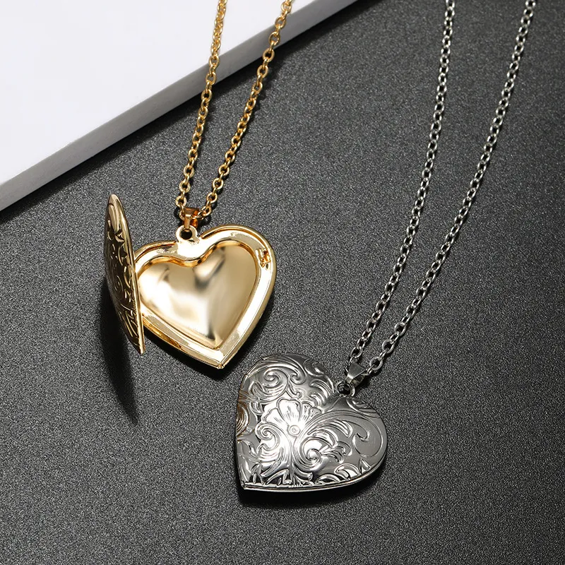 Collane con ciondolo Collana con cuore intagliato alla moda con medaglione a forma di cornice romantica Collier per donna Catena da collo in oro_voghion.com