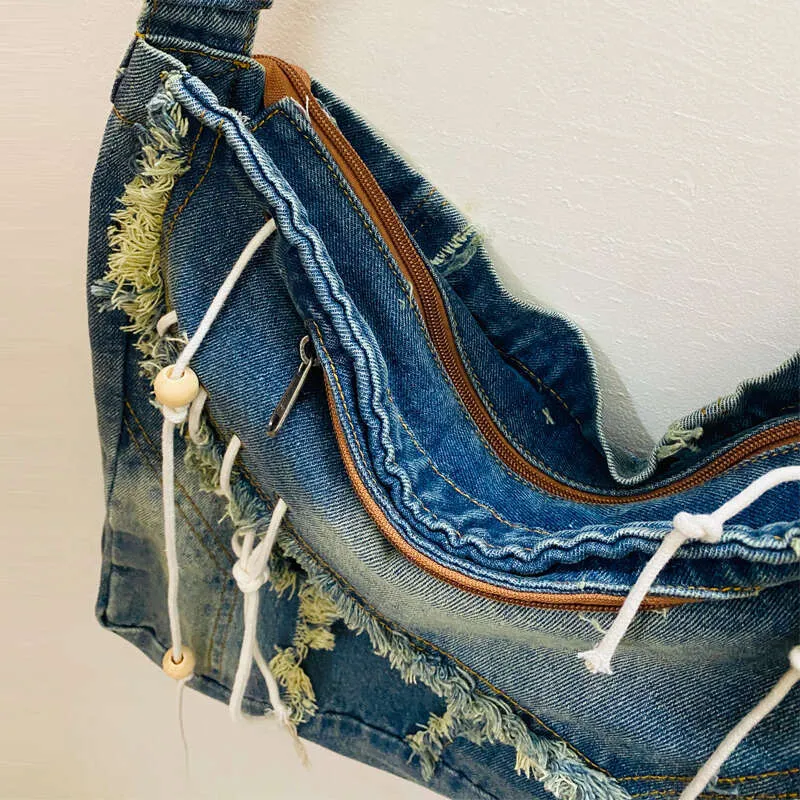 Sacs fourre-tout messager en denim vintage pour femmes, sacs à main et sacs à main de créateur 2023, nouveauté en bois, pompon perlé, grande bandoulière_voghion.com