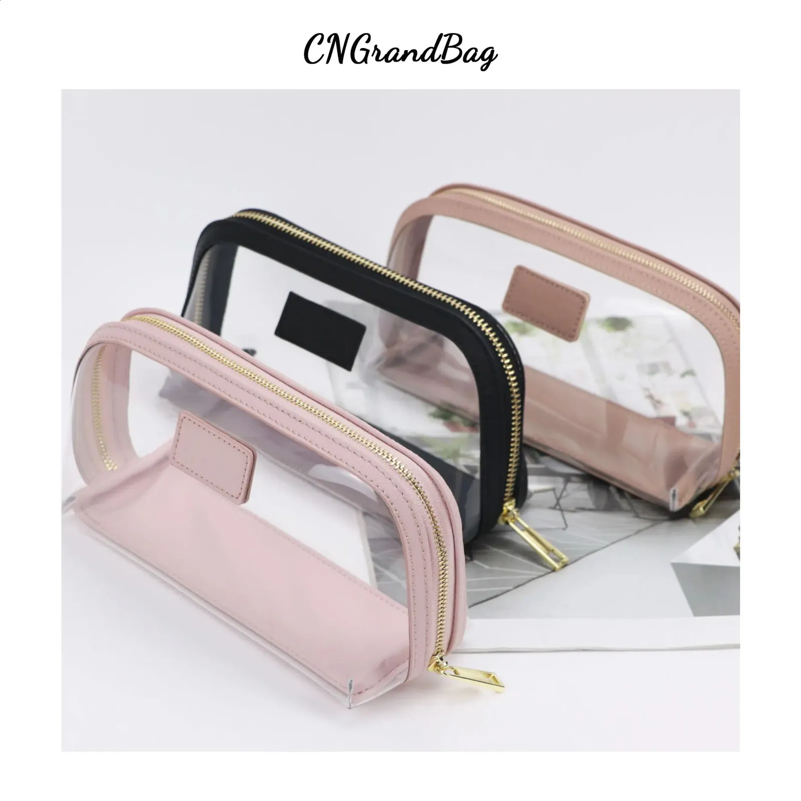 Set da viaggio in vera pelle personalizzato, porta pennelli da trucco impermeabile, borsa cosmetica portatile in PVC trasparente TPU 240805_voghion.com