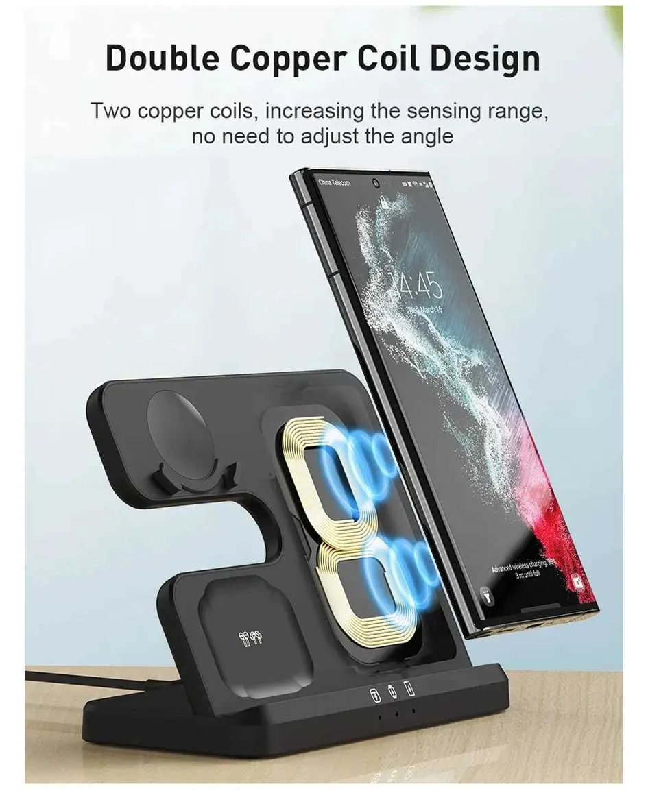15W 3-in-1 Station Suitable For S23 S22 IPhone 15 14 13 Galaxy Watch 4 3 Earphones 2 Fast Wireless Charger Y241118_voghion.com