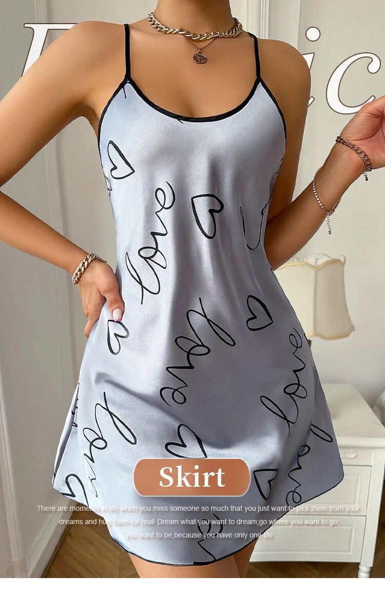 Dames casual grijze pyjama jurk indoor sexy korte rok kleine sling liefdesprint hartvormige pyjama dun gedeelte_voghion.com