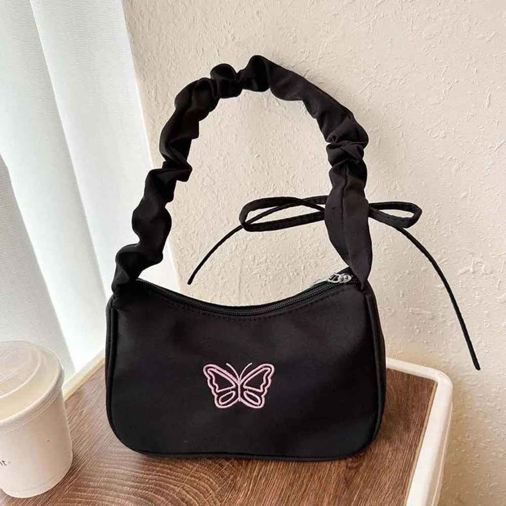 Borsa a tracolla con fiocco ricamato e farfalla Y2k Oxford in nylon con fiocco, grande capacità, stile coreano_voghion.com