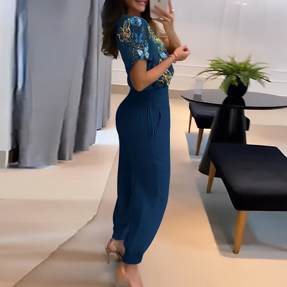 Ensemble deux pièces pour femmes, nouvelle mode et décontracté, col en v, imprimé, manches courtes, pantalon, deux pièces_voghion.com