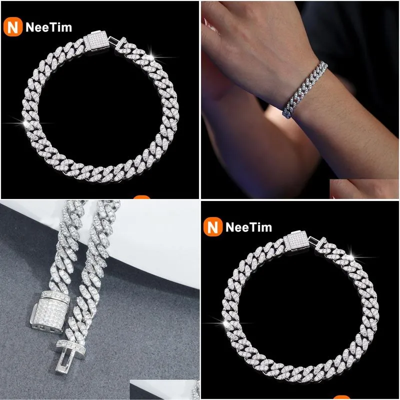 Chains Neetim 6Mm Full Moissanite Hip Hop Men Women Cuban Chain Bracelets Sterling Sier With Gold Plated Bracelet Drop_voghion.com