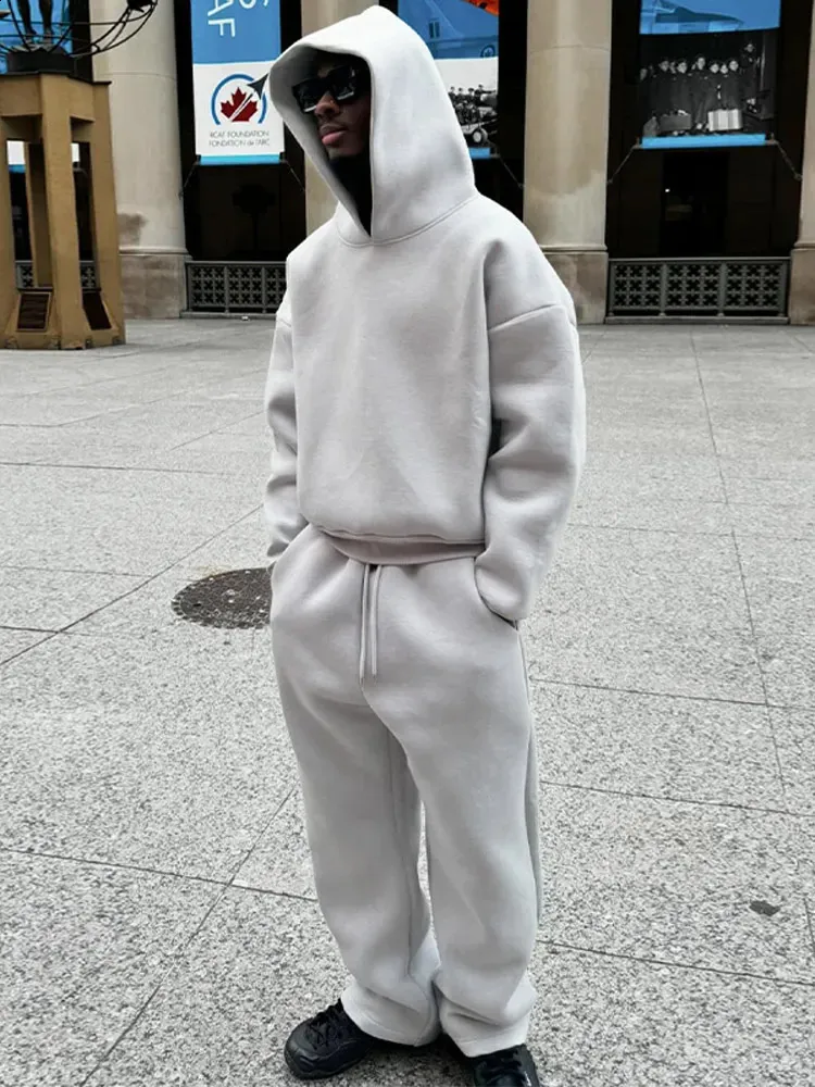 Rahat Düz Çiftler Kapşonlu ve Bol Eşofman Altı 2 Parça Takım Erkek Sonbahar Jogging Sweatshirt Pantolon Kıyafetler Takımlar_voghion.com
