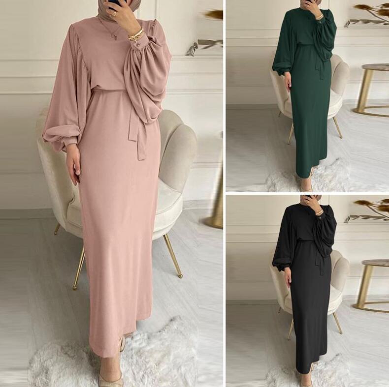 Women’s Clothing Solid Color Long Sleeved Casual Muslim Dress Robe Dress Dignified And Elegant