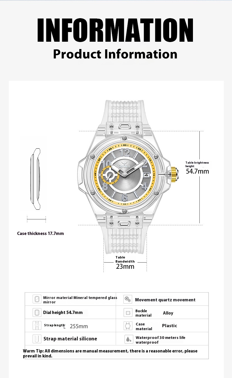 Orologio da donna da uomo impermeabile multifunzionale con custodia trasparente ONOLA/Orona rossa alla moda_voghion.com