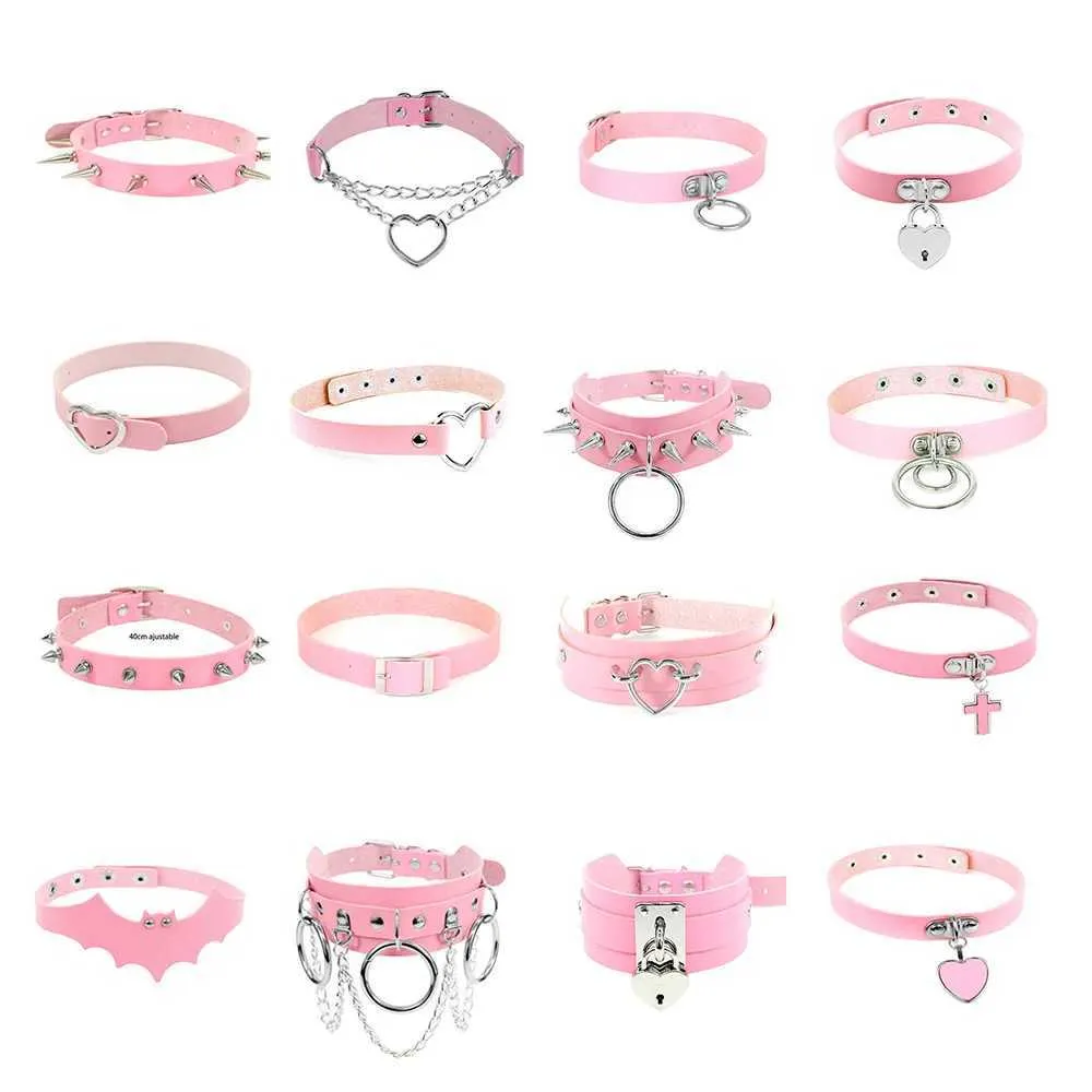 Collier ras du cou gothique en cuir avec pendentif rose sexy et tendance pour femme_voghion.com