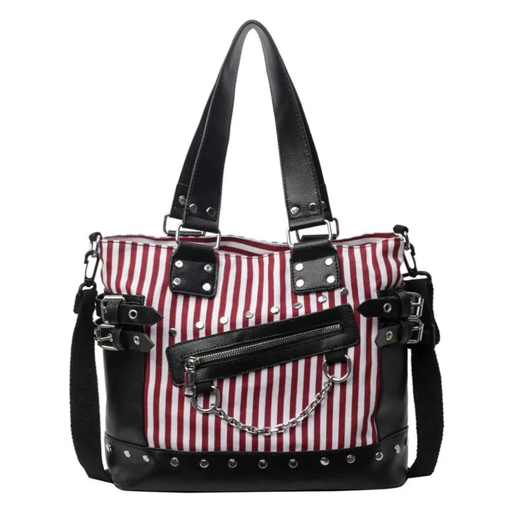 Frauen Schulter Mode Patchwork Handtasche Große Kapazität PU Punk Gestreiften Stilvolle Umhängetasche Chic Hobo Ba241216_voghion.com