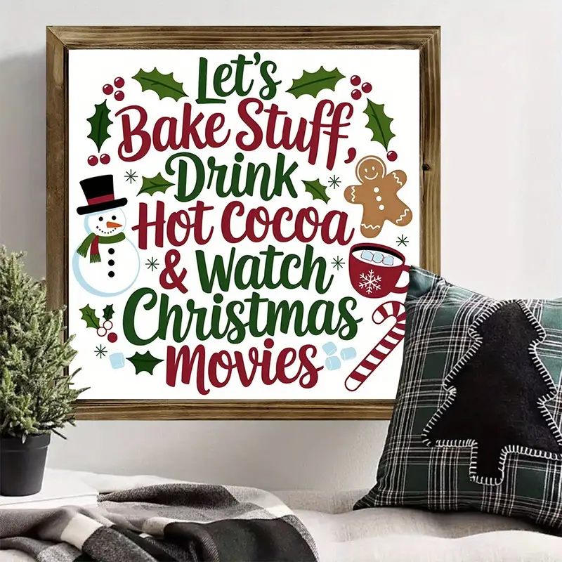 8x8" Rustic Christmas Baking Wood Sign - 'Let's Bake, Drink Cocoa & Watch Movies' Farmhouse Wall Art For Kitchen/Home_voghion.com