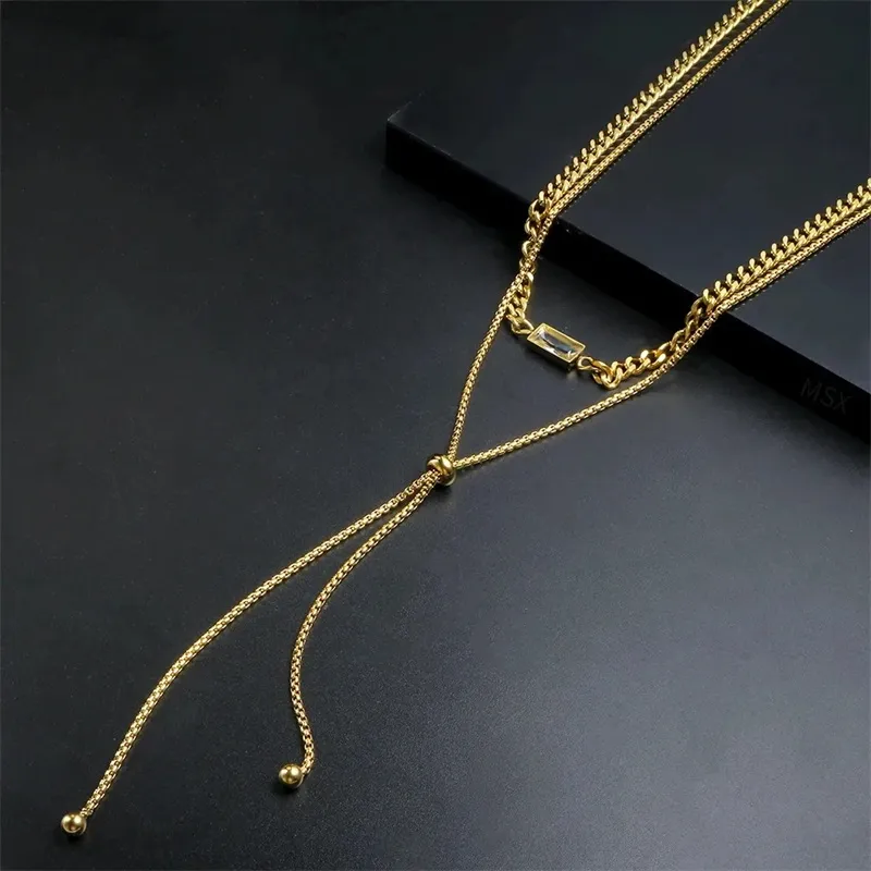Catene 2 strati catena scatola quadrata collana ciondolo in vetro color oro cubano lungo nappa donne gioielli moda_voghion.com