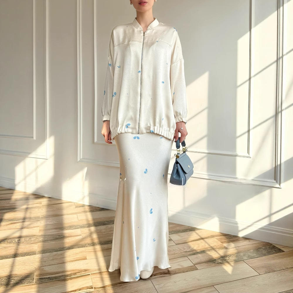 Women’s Clothing Women’s Fashion Printed Satin Long Sleeved Jacket Skirt Fashion Suit