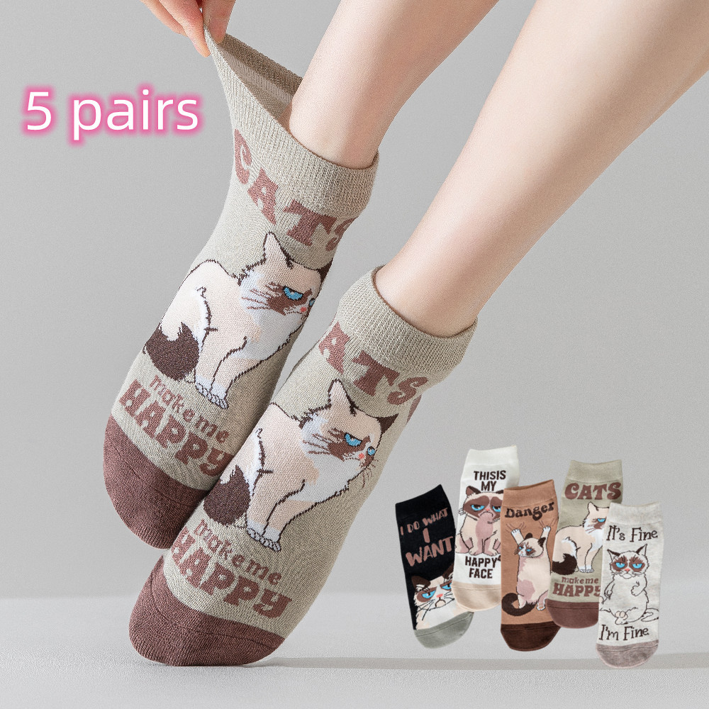 5pcs Of Spring And Summer Cartoon Women's Tube Boat Casual Japanese Style Short Cute Letter Cat Straight Socks_voghion.com