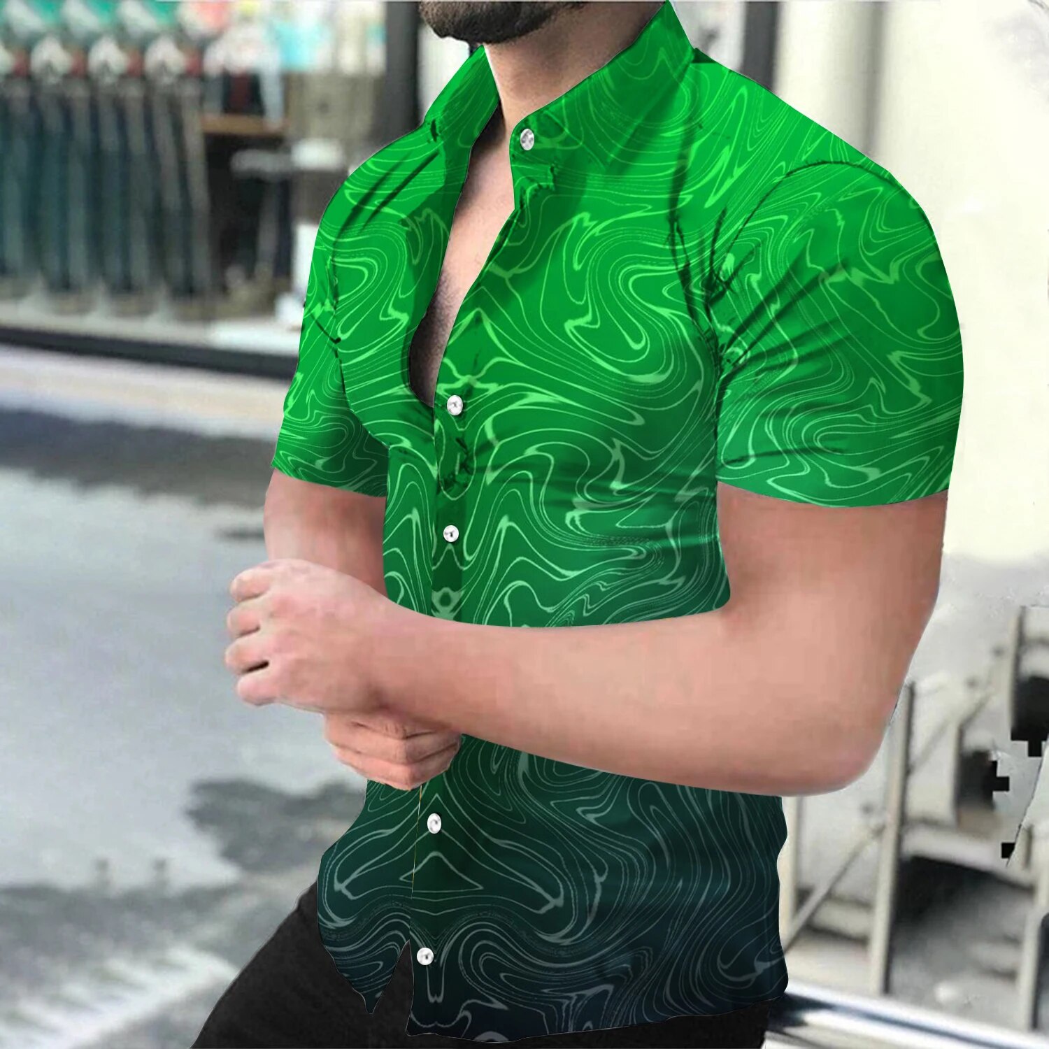 Yüksek Kaliteli Giyim 2024 Yeni Erkek Günlük Gömlekler Dijital Baskı Chemise Sokak Giyimi Hırka Kısa Kollu Elbise Gömleği_voghion.com