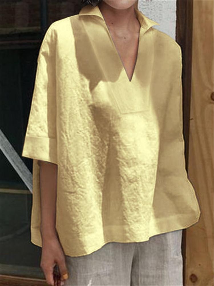 Women's V-neck cotton and linen all-match solid color large size loose mid-sleeve women's shirt_voghion.com