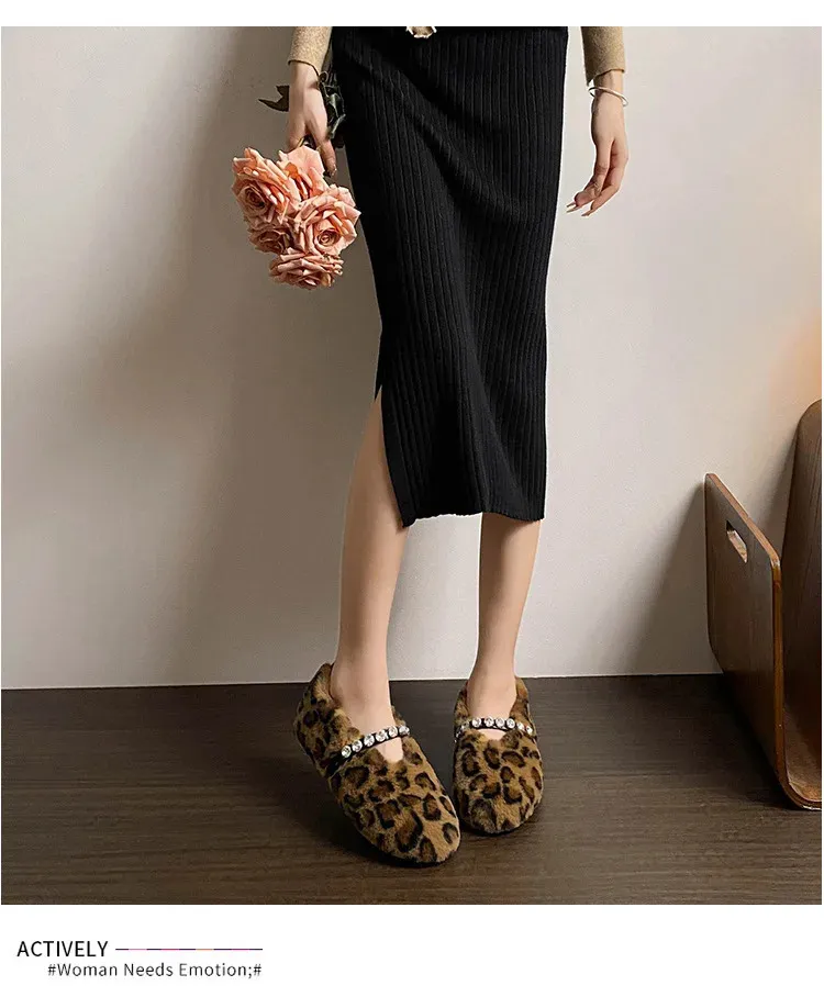 Fashion Leopard Fur Ballet Apartment Water Dia Buckle With Mary Jane Shoes Womens Winter Warm Plush Shallow Load 241122_voghion.com