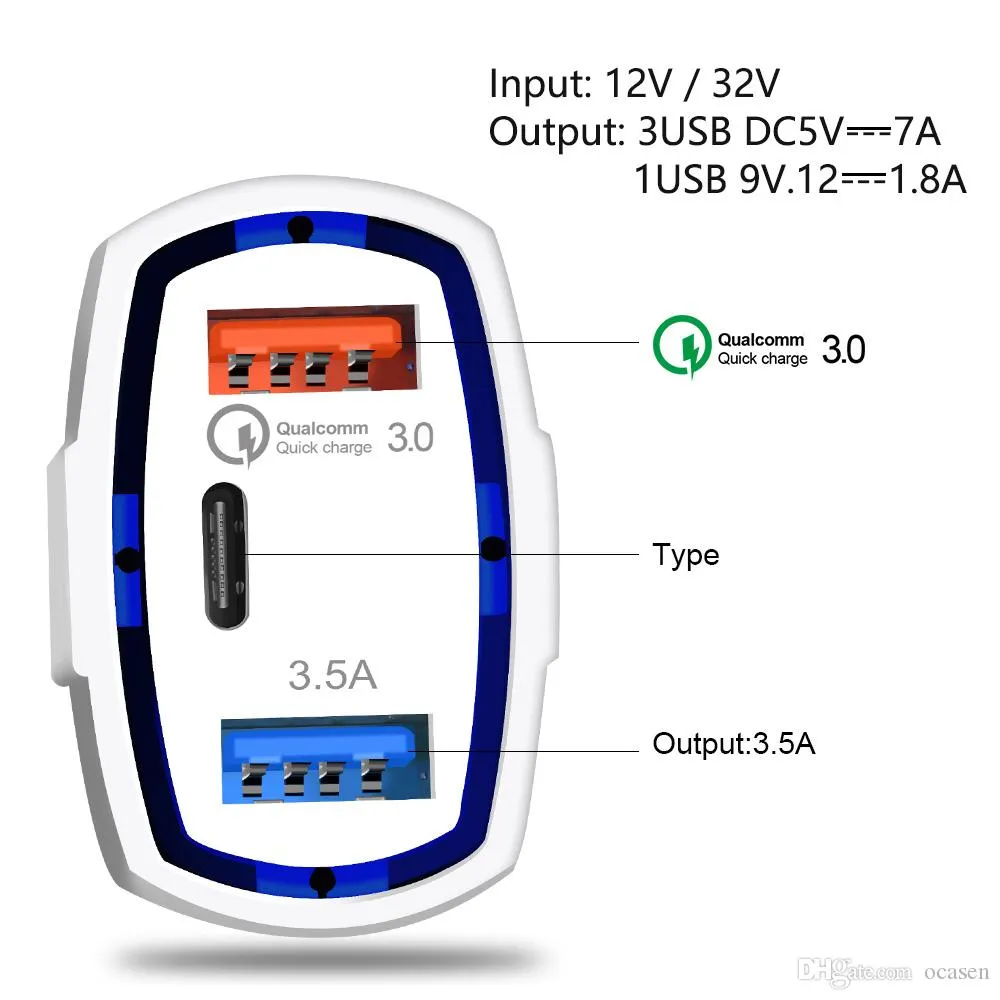 Con scatola al dettaglio, caricabatterie da auto USB 3 in 1, ricarica rapida, tipo C, QC3.0, PD, QC 3.0, caricabatterie USB per iPhone 13, 12, 11, X, 8, 7 Pro._voghion.com