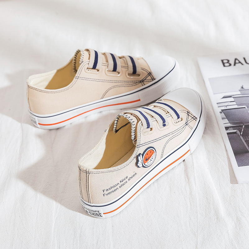 Elastic Band Smiling Face Canvas for Women Summer and Autumn Students Versatile Little White 2024 New One Step Lazy_voghion.com