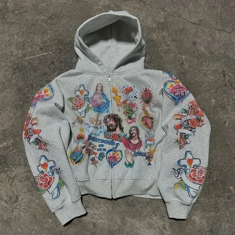 Vintage Risen King Graphic Print Oversized Zip-Up Hoodie Men Y2K Autumn Long Sleeves Casual Sweatshirt Streetwear Women_voghion.com