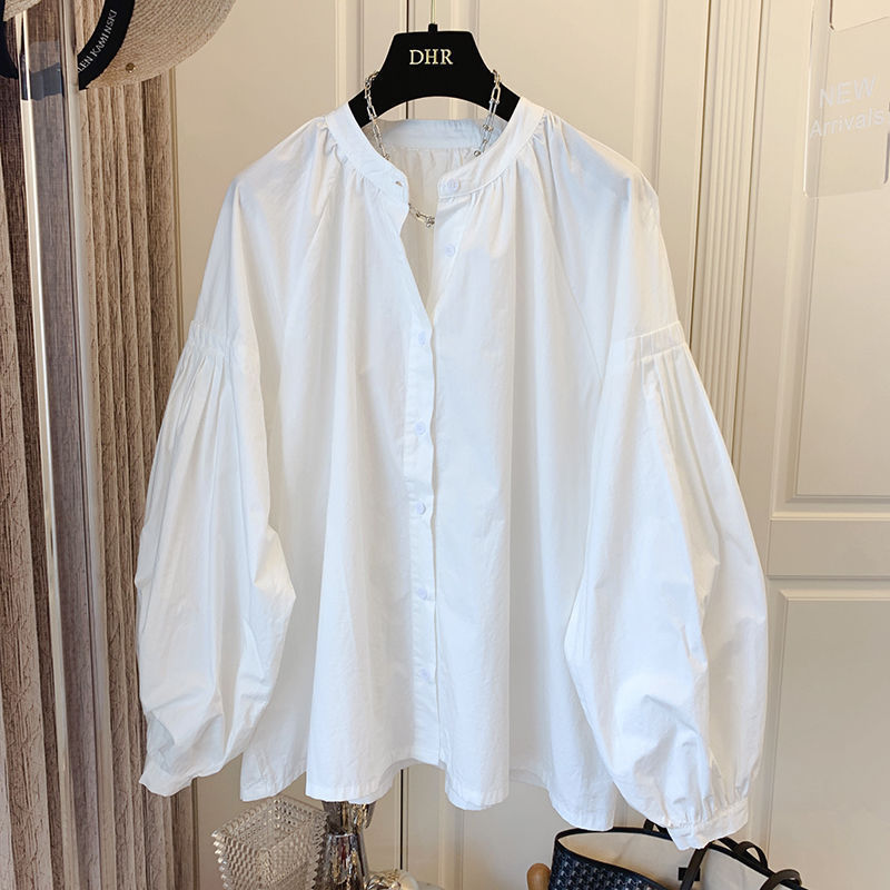 Women’s Clothing Retro Pleated Puff Sleeve Loose V Neck Shirt