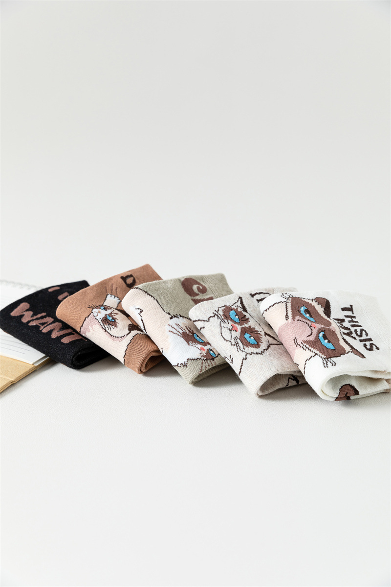 5pcs Of Spring And Summer Cartoon Women's Tube Boat Casual Japanese Style Short Cute Letter Cat Straight Socks_voghion.com