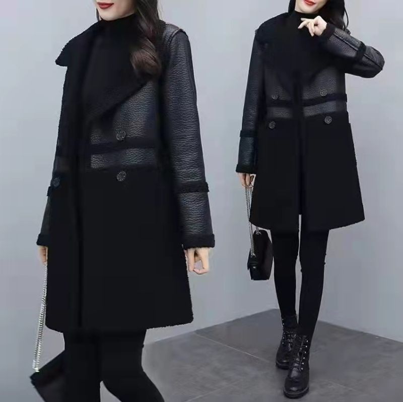 Moda feminina pele um com veet grosso terno colarinho usar solto gordura mais casaco de couro em ambos os lados_voghion.com