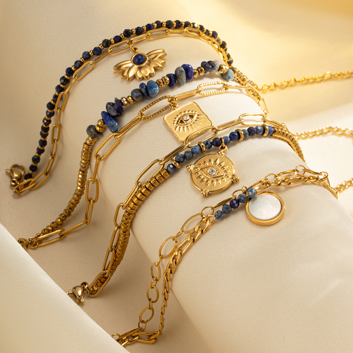 Damenschmuck, doppellagiges Boho-Perlenarmband mit Natursteinen, U-förmige Kette aus Edelstahl für Mode und Büro_voghion.com