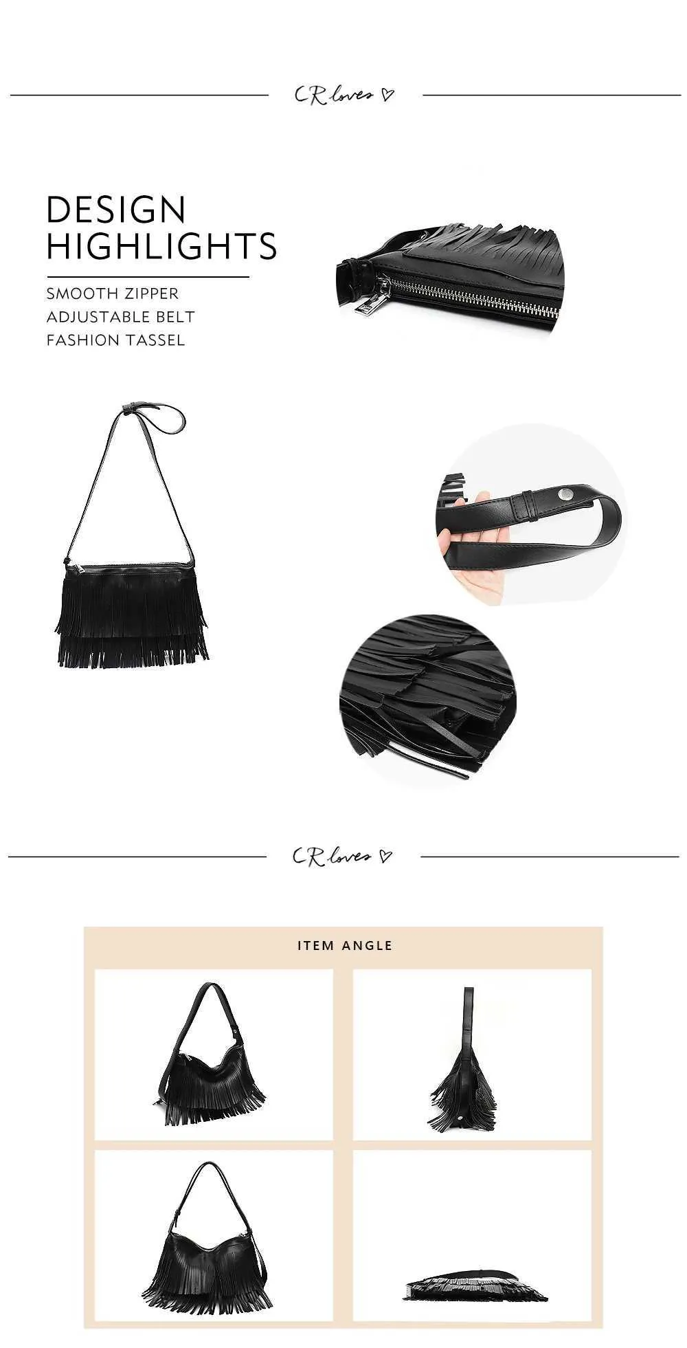 CEZIRA Bohemia Quaste Fransen Ladi Seitentaschen Veganes Leder Stilvolle Designer Mädchen Kleine Umhängetasche Reißverschluss Umschlag Clutch_voghion.com