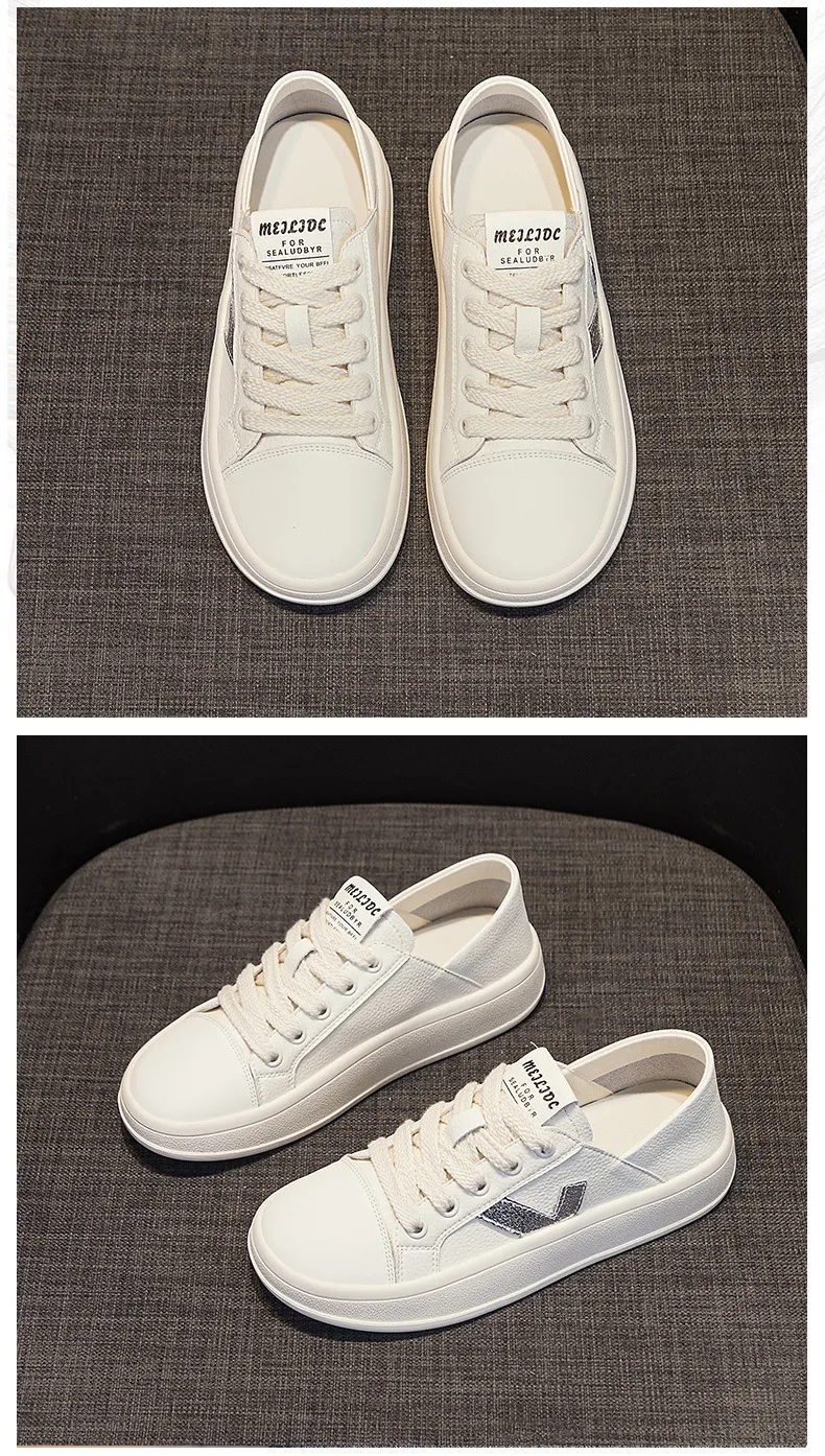 Damen Leder Runde Zehen V-förmig Dicke Sohle und Flache Öffnung Kleine Weiße Lässige Vielseitige Zweiteilige Sport-Boardschuhe_voghion.com