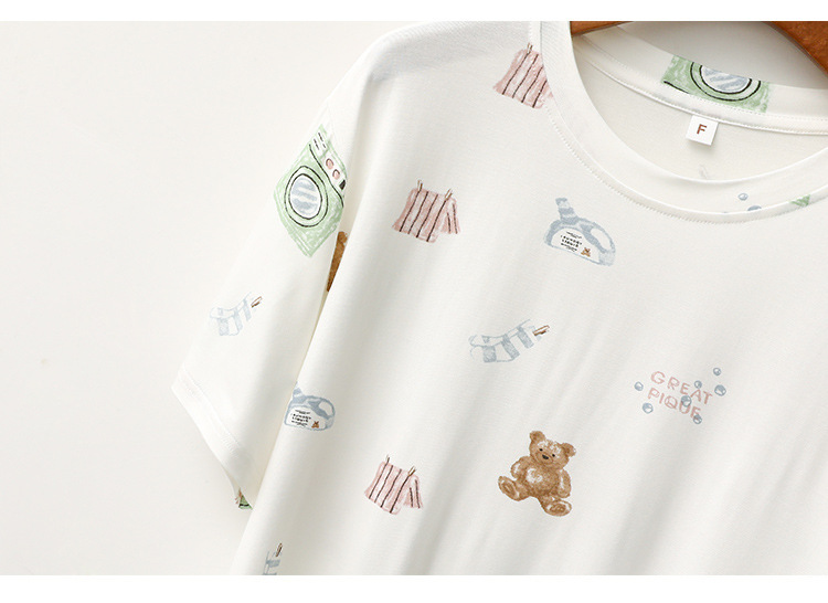 Roupas femininas Primavera e Verão Modal Pijama Feminino Manga Curta Calças Doce Urso Lazer Macio Confortável Conjunto de Roupas para Casa_voghion.com