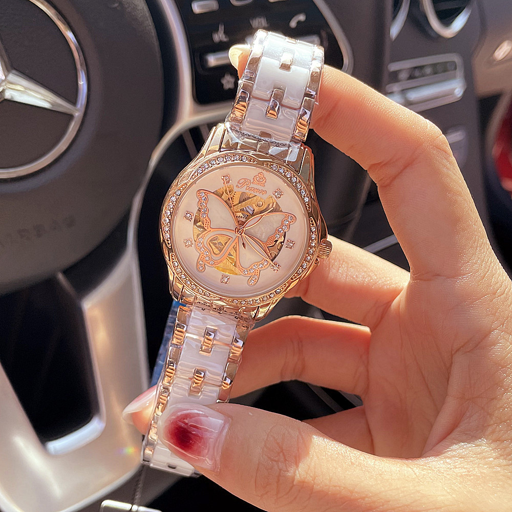 Modische, mit Diamanten eingelegte neue Micro-Nigt-Glow-Uhr für Damen, vollautomatisch, mechanisch, wasserdicht, Keramik mit Feuchtigkeitsaufnahme_voghion.com