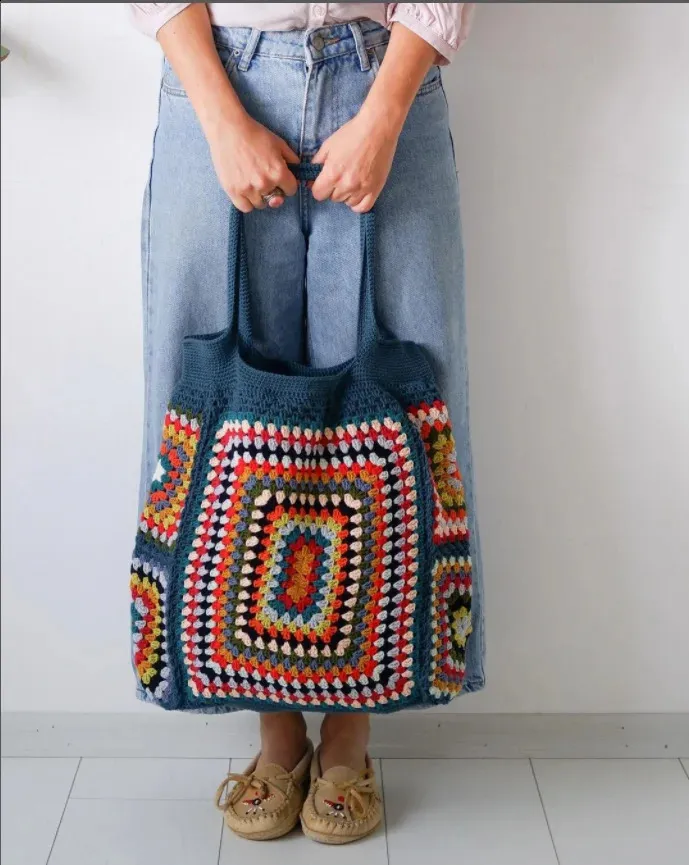 Crochet Tote Bag Shoulder Bag Boho Chic Granny Square Striped_voghion.com