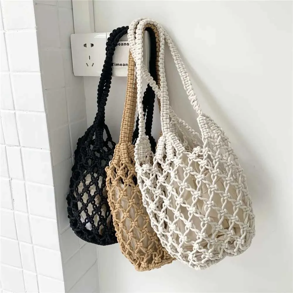 2022 Fashion Boho Handmade Woven het Tote Purse Women Bucket Top-handle Handbags Beach Casual Solid Hollow Out Shoulder_voghion.com