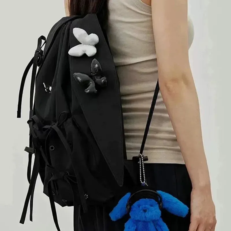 INS coreano coniglio orecchie fiocco lacci coulisse plissettato casual spalla femminile grande capacità tote borsa zaino leggero_voghion.com