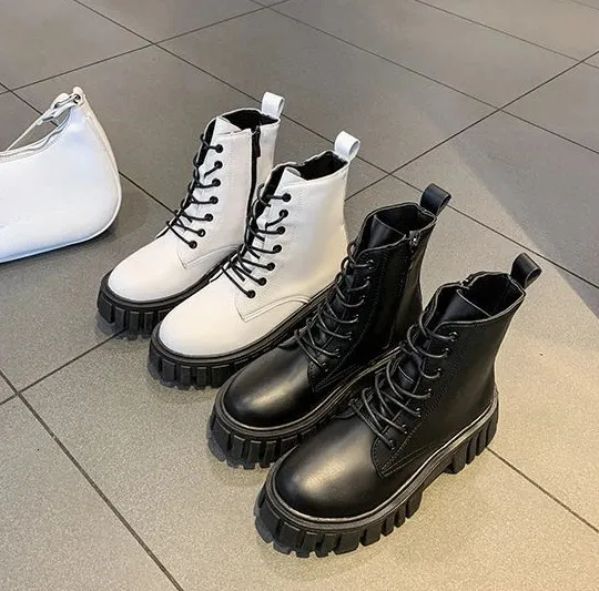 Mit Schnürsenkeln Biker Elegante Medium Heels Kurze Schuhe für Frau Combat Plateau Weiße Booties Schuhe Chunky Wasserdicht_voghion.com