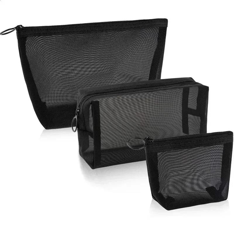 Sacs à cosmétiques transparents en maille 3 tailles, petit et grand sac de maquillage noir, organisateur de toilette de voyage Portable, rangement de rouge à lèvres_voghion.com