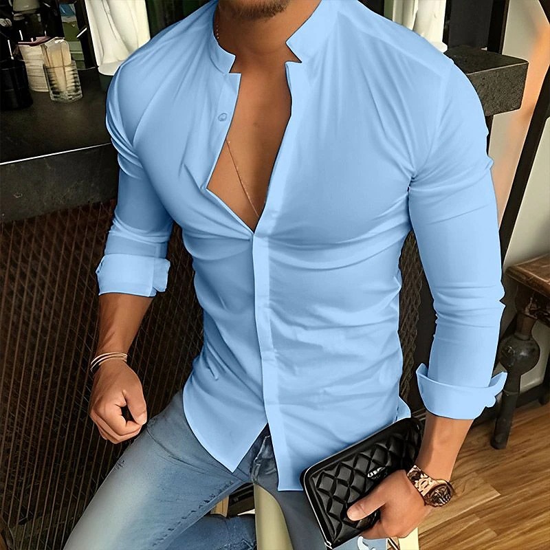 Camicia da uomo a maniche lunghe con colletto in piedi, casual, da uomo, a maniche lunghe, in tinta unita_voghion.com